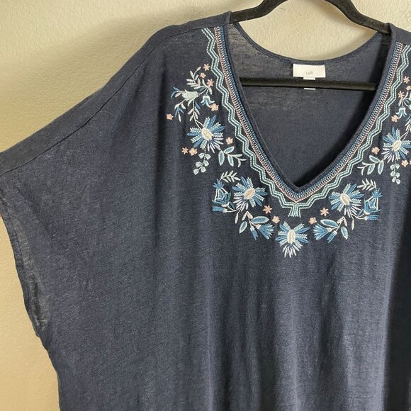 J Jill Womens Plus 4X Navy Blue 100% Linen Embroidered Floral Tunic Top V Neck - Picture 8 of 11